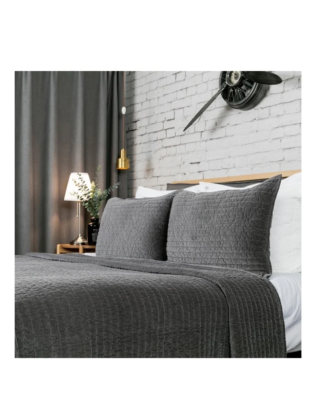 Bed Pillow Sham Royal Cotton Velvet Pic-Stitch Standard 20x26” Gray (1 piece)